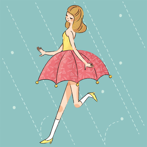 雨の女の子のイラスト。スカートが開いた傘になっています。